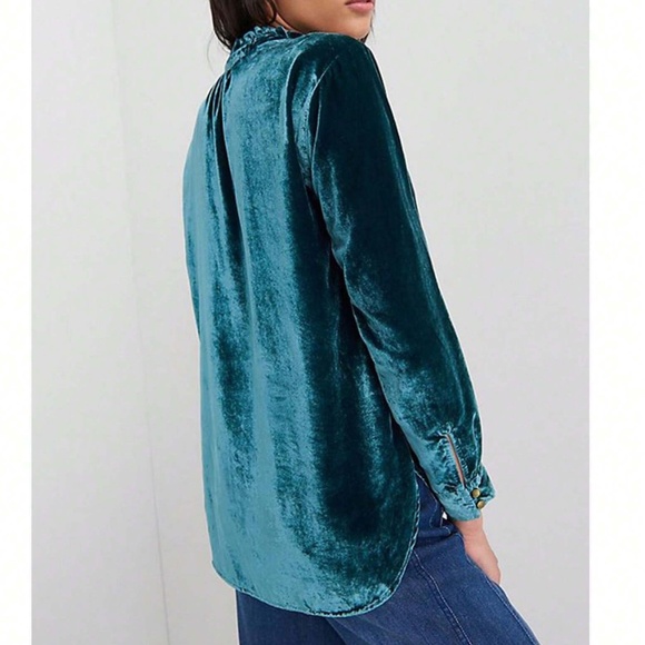 Luxe Teal Green Velvet Button up Frill Neck Long Sleeve Top - Picture 3 of 5